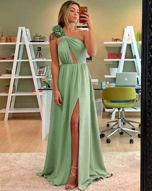 Quick Sale A-Line One Shoulder Keyhole Bridesmaid Dresses Chiffon Split With Flowers Quick Sale A-Line One Shoulder Keyhole Bridesmaid Dresses Chiffon Split With Flowers