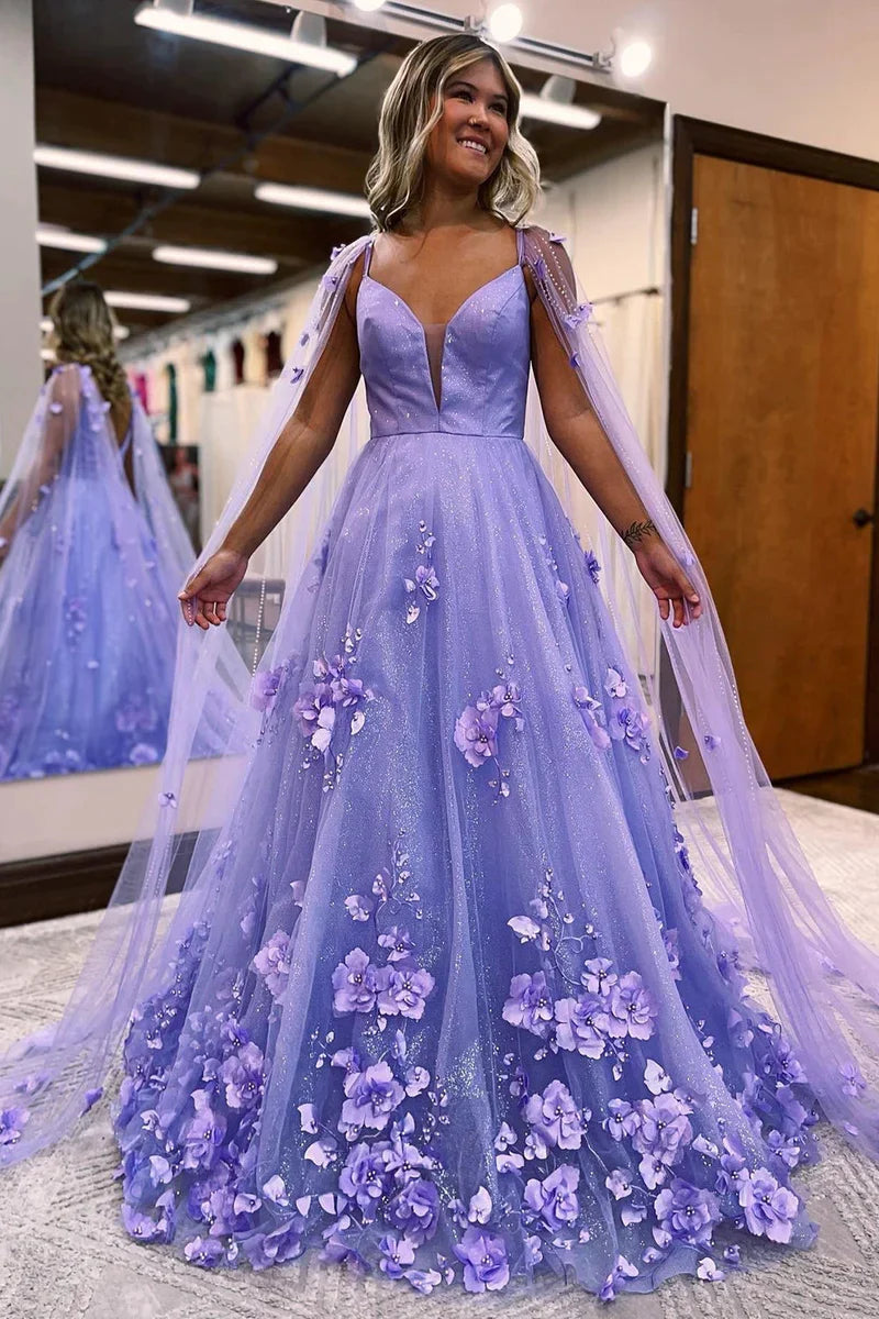 Lowest Price A-Line Lavender 3D Floral Lace Long Prom Dresses with Train