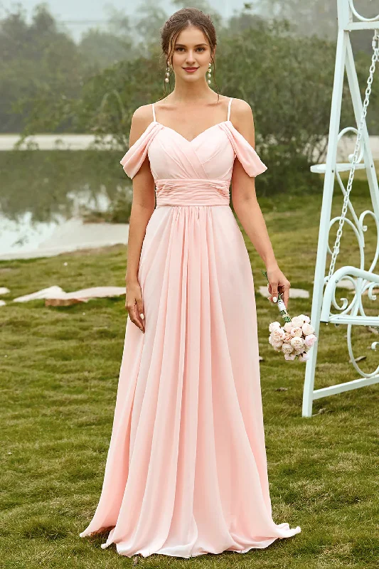 Sale Event Ruffle powder blusher off shoulder long bridesmaid dress
