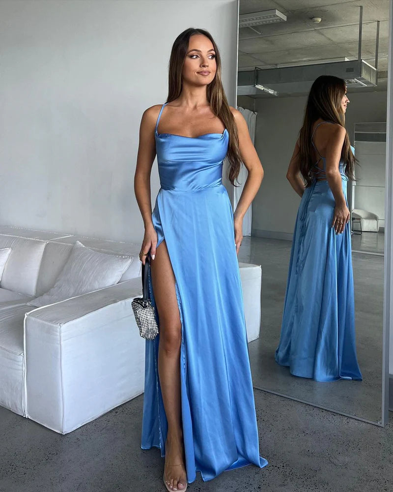 Massive Deals A Line Cowl Neck Blue Silk Saitn Bridesmaid Dresses with Slit