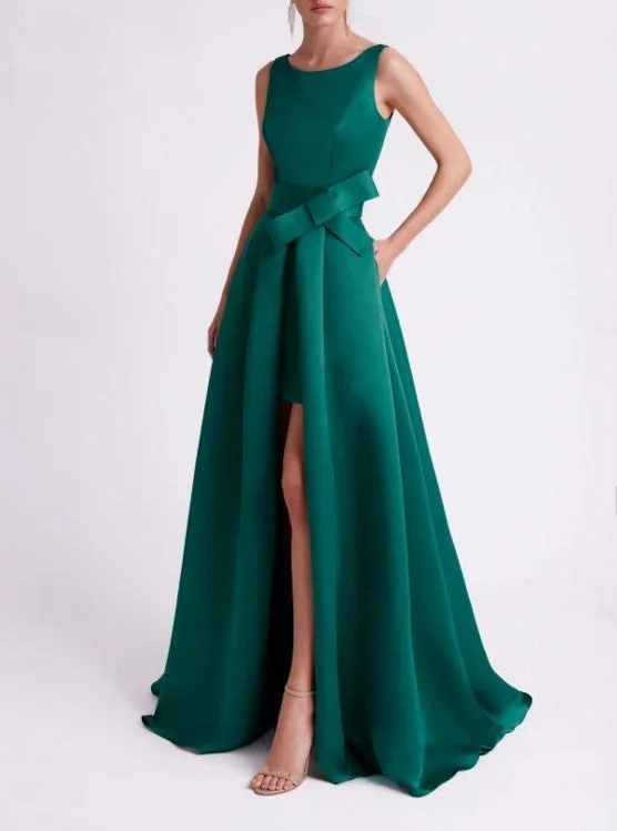 Blowout Deals A-Line Evening Gown High Split Dress Sleeveless V Neck Belt / Sash Satin with Slit