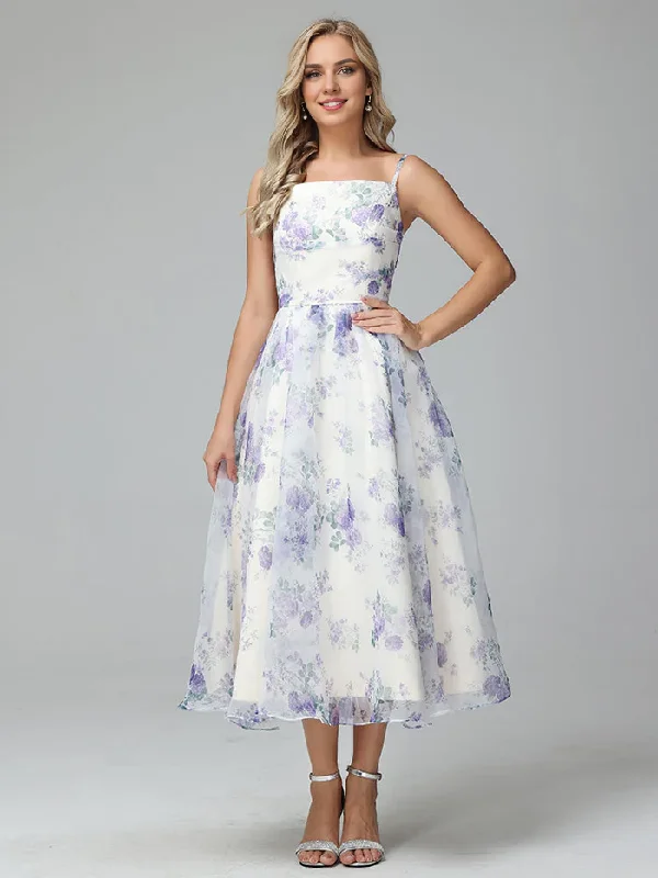 Exclusive Access Cute A-Line Spaghetti Straps Floral Printed Tea Length Bridesmaid Dresses