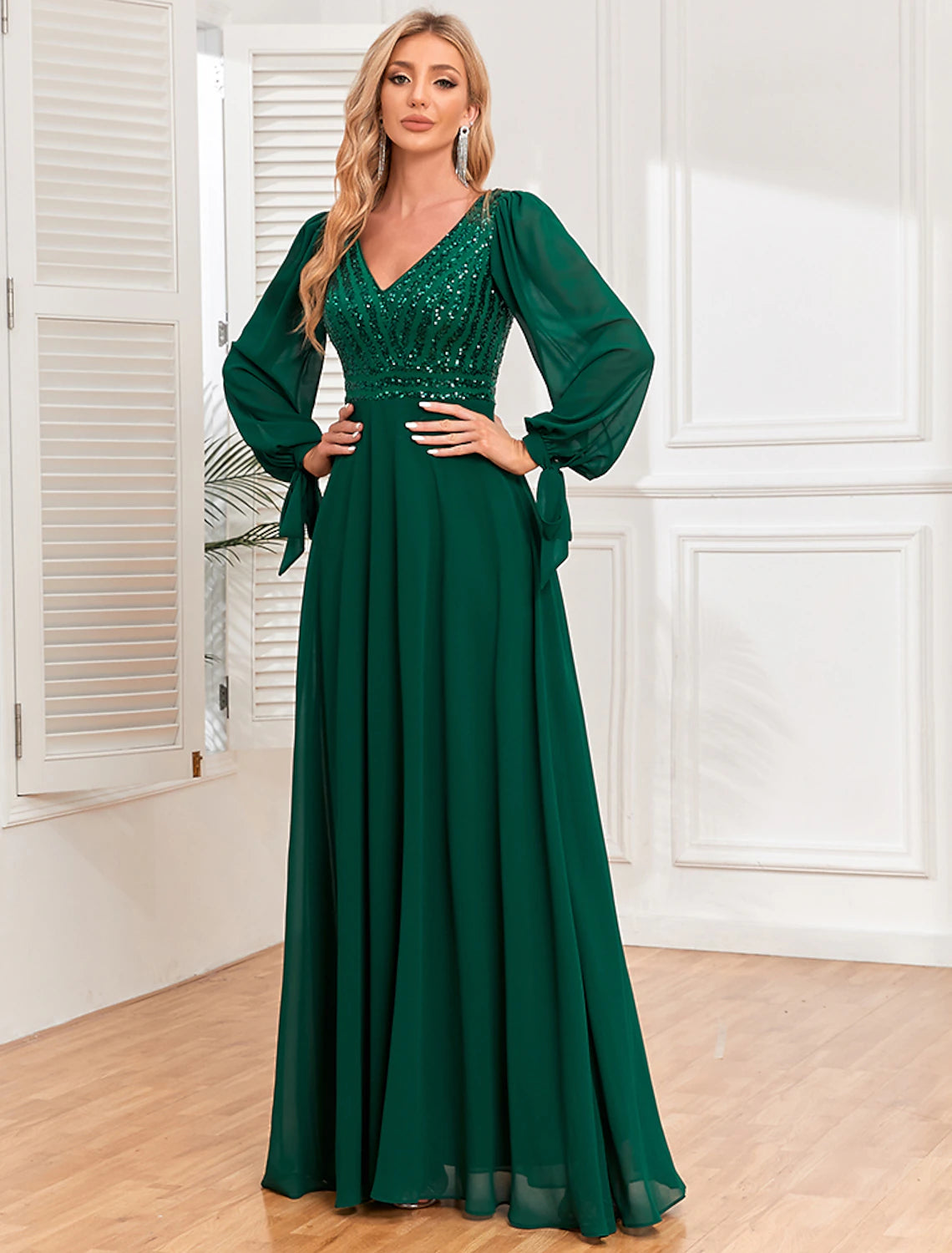 Friends and Family Sale A-Line Evening Gown Empire Dress Evening Party Floor Length Long Sleeve V Neck Fall Wedding Guest Chiffon V Back with Sequin