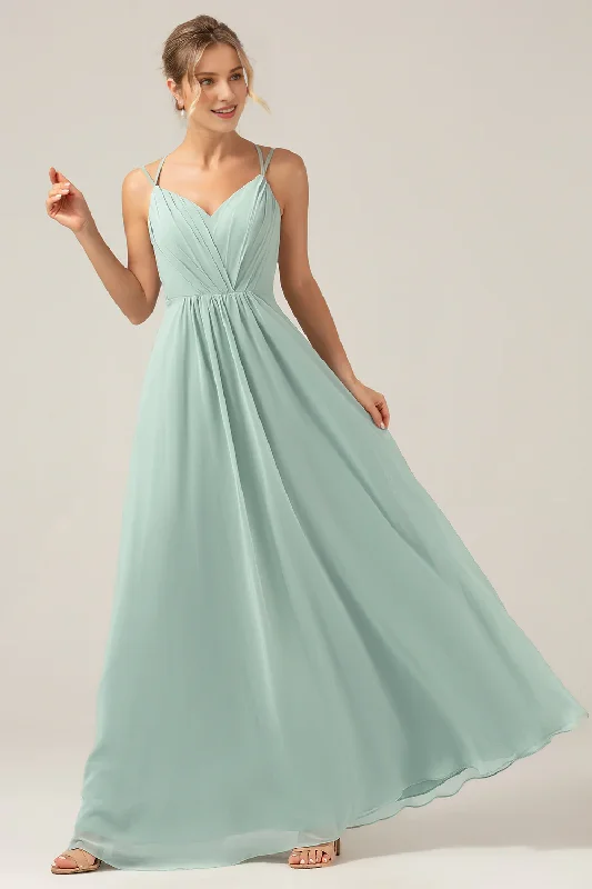 Epic Deals Matcha A-line slim shoulder chiffon and floor pleated bridesmaid dress