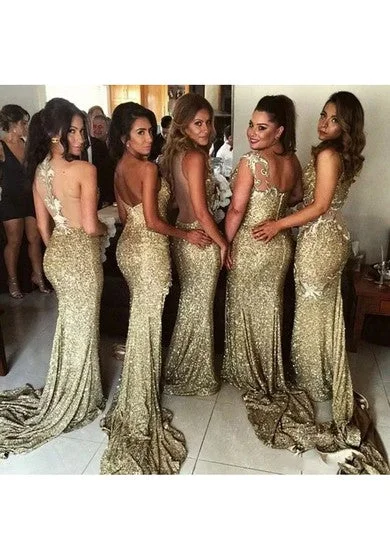 Savings Galore Halter Sweetheart V-neck A-line Floor-length Sleeveless Sequins Bridesmaid Dress with Open Back