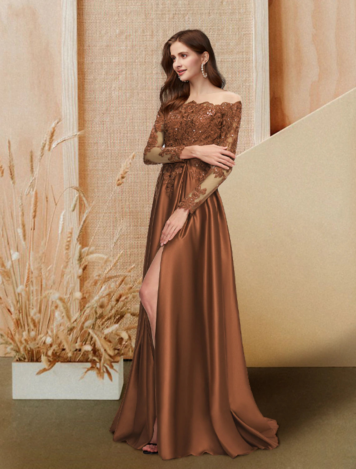 Early Access A-Line Evening Gown Glittering Dress Engagement Formal Evening Floor Length Long Sleeve Off Shoulder Satin with Sequin Slit Lace Insert Early Access A-Line Evening Gown Glittering Dress Engagement Formal Evening Floor Length Long Sleeve Off Shoulder Satin with Sequin Slit Lace Insert