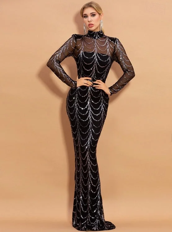 Sneak Peek Sale Mermaid / Trumpet Evening Gown Formal Floor Length Long Sleeve Illusion Neck Sequined with Glitter Sneak Peek Sale Mermaid / Trumpet Evening Gown Formal Floor Length Long Sleeve Illusion Neck Sequined with Glitter