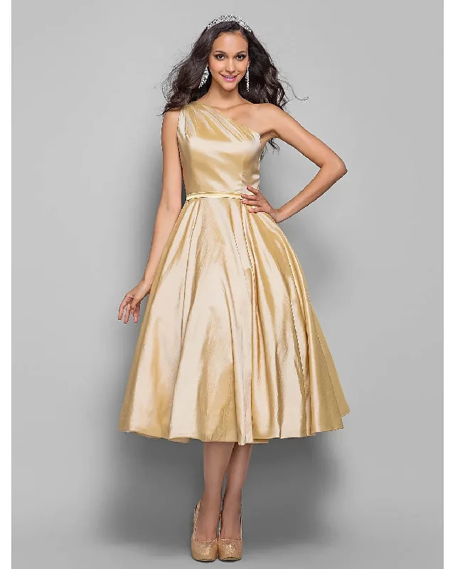 Exclusive Offers Elegant Cocktail Party Wedding Party Dress One Shoulder Sleeveless Taffeta Sash Ribbon