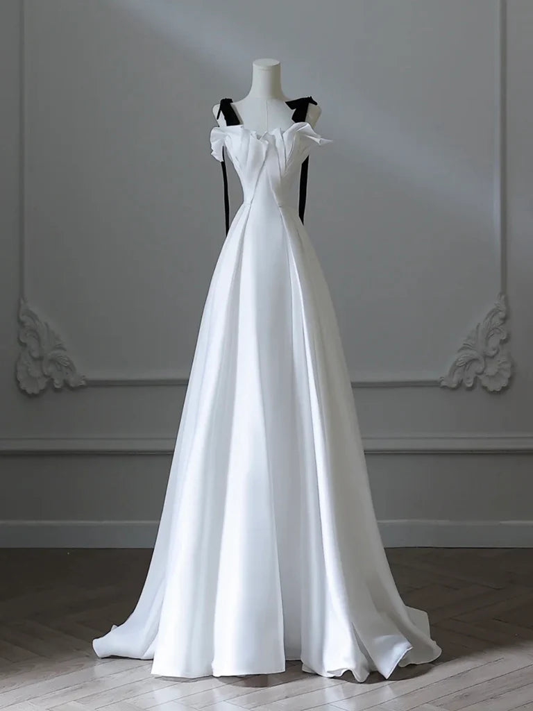 Warehouse Sale A-Line Satin White Long Prom Dress Formal Dress with Sweep Train