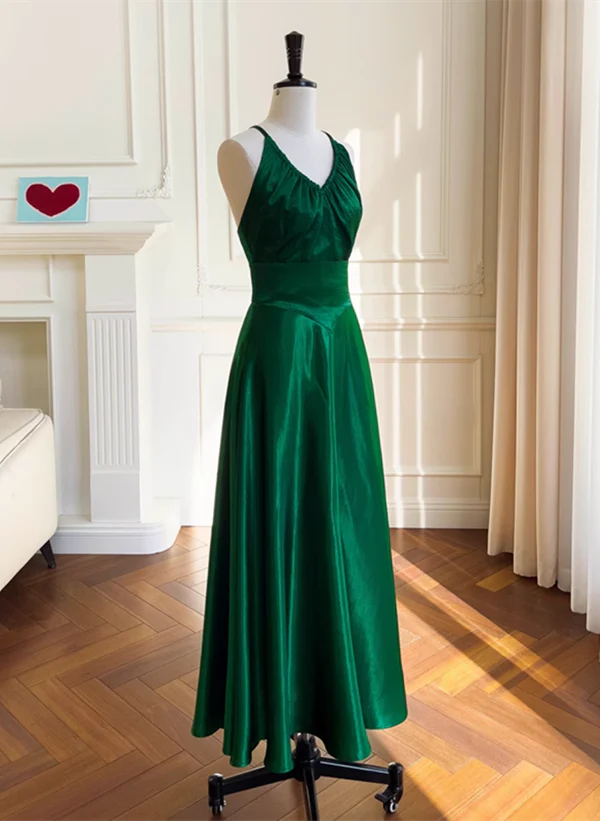 Deal Dash Green A-line Soft Satin Cross Back Evening Dress Prom Dress Party Dress