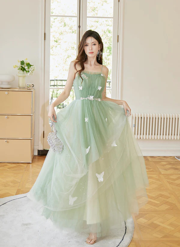 Limited Availability Light Green Tulle Spaghetti Strap Long Prom Dress Light Green A-line Party Dress