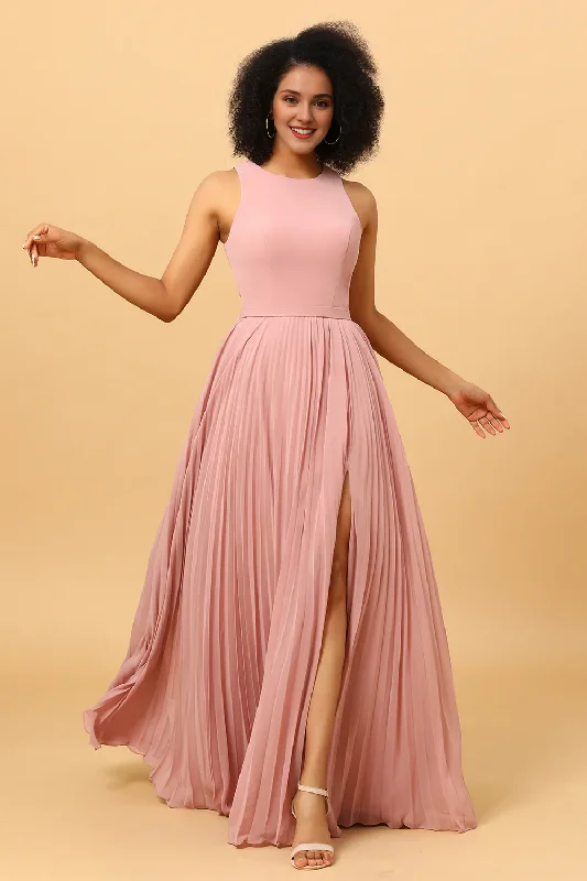 Don't Wait Dusty rose A-line high neck pleated long chiffon bridesmaid dress