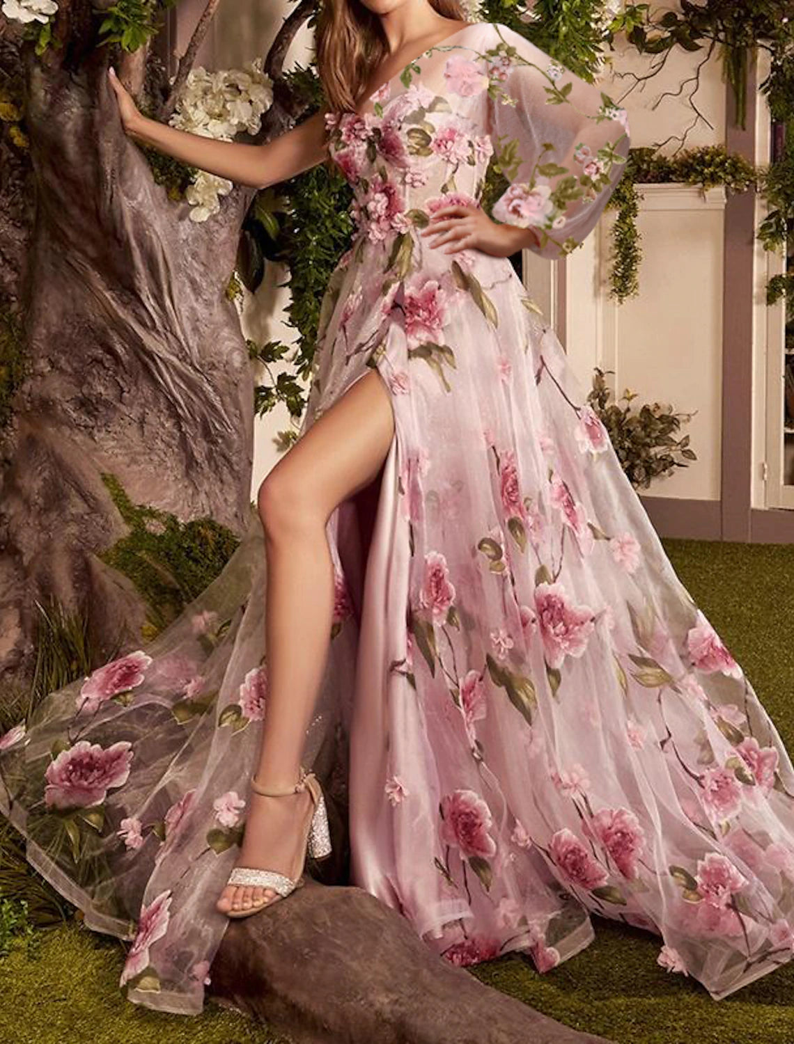 Low Prices A-Line Prom Dresses Floral Dress Formal Wedding Guest Sweep / Brush Train Long Sleeve One Shoulder Lace with Floral Print