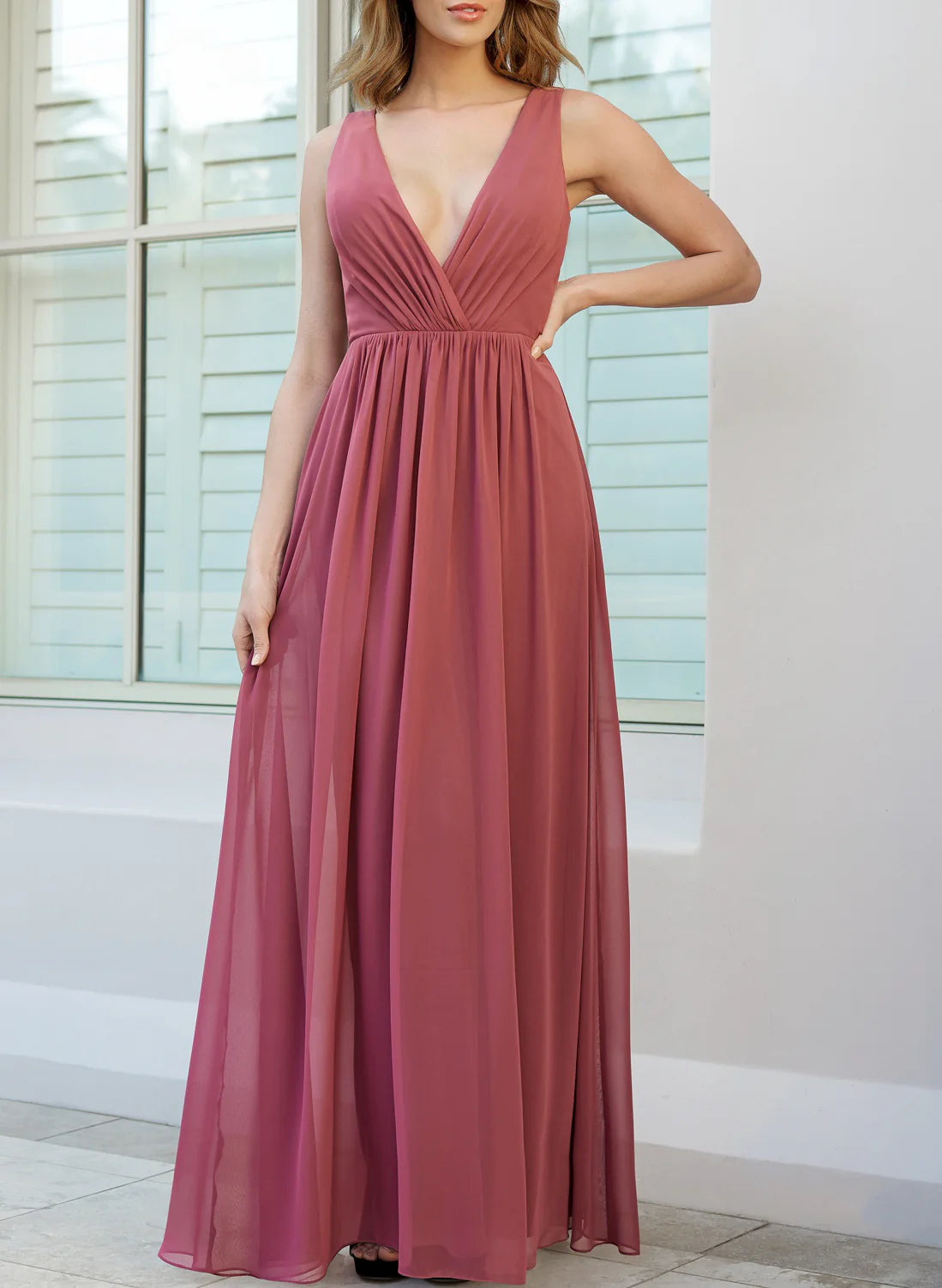 Big Savings A-Line/Princess Deep V-Neck Chiffon Floor-length Long Bridesmaid Dresses