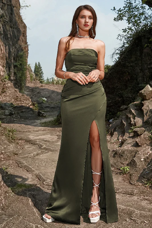 Sneak Peek Sale Olive colored front slit strapless long wedding party dress
