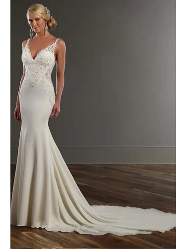 Massive Deals Engagement Formal Sexy Wedding Dresses Chapel  Mermaid  Trumpet Spaghetti Strap V Neck Lace With Appliques