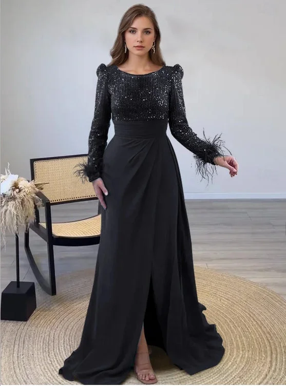 Super Sale A-Line Evening Gown Floor Length Long Sleeve Illusion Neck Black Mother Of the Bride Dress Sequined with Feather Pearls Overskirt Super Sale A-Line Evening Gown Floor Length Long Sleeve Illusion Neck Black Mother Of the Bride Dress Sequined with Feather Pearls Overskirt