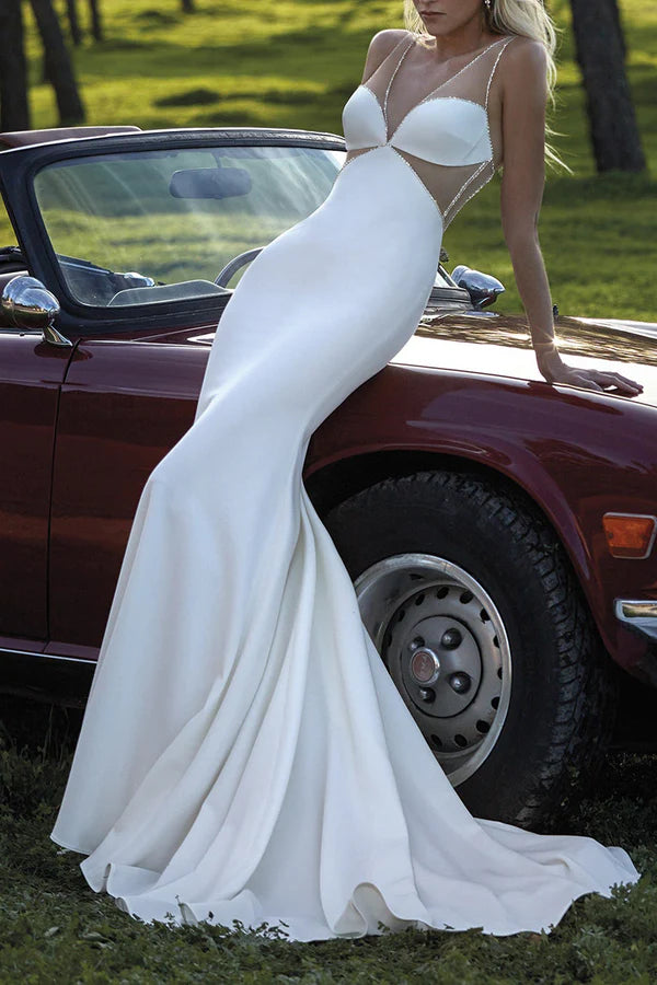 Online Only Enchanting illusion deep V-neck pearl fish tail wedding dress