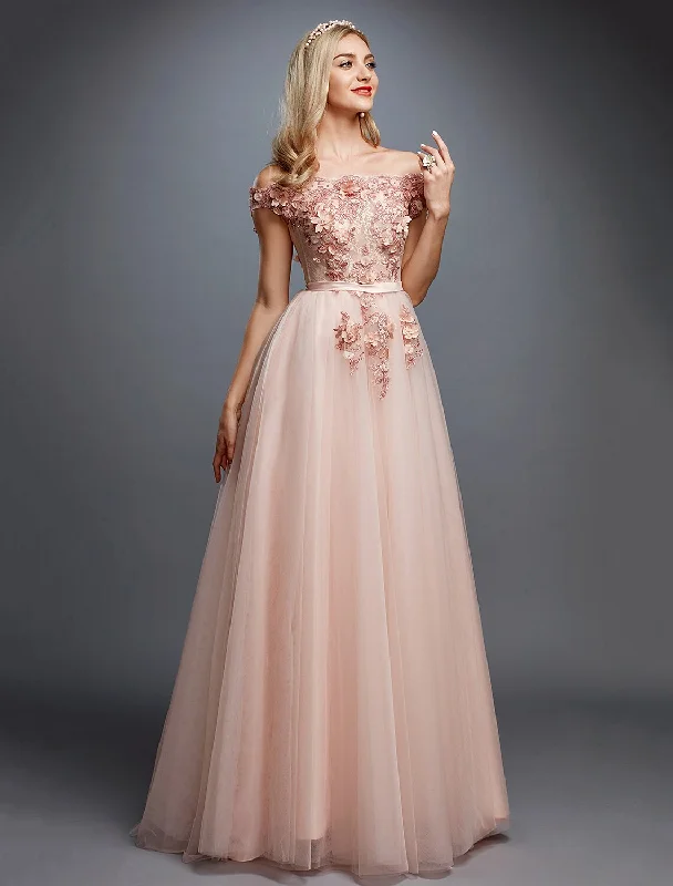 Last Chance A-Line Floral Dress Wedding Guest Prom Sweep / Brush Train Sleeveless Off Shoulder Tulle Over Lace with Appliques Last Chance A-Line Floral Dress Wedding Guest Prom Sweep / Brush Train Sleeveless Off Shoulder Tulle Over Lace with Appliques