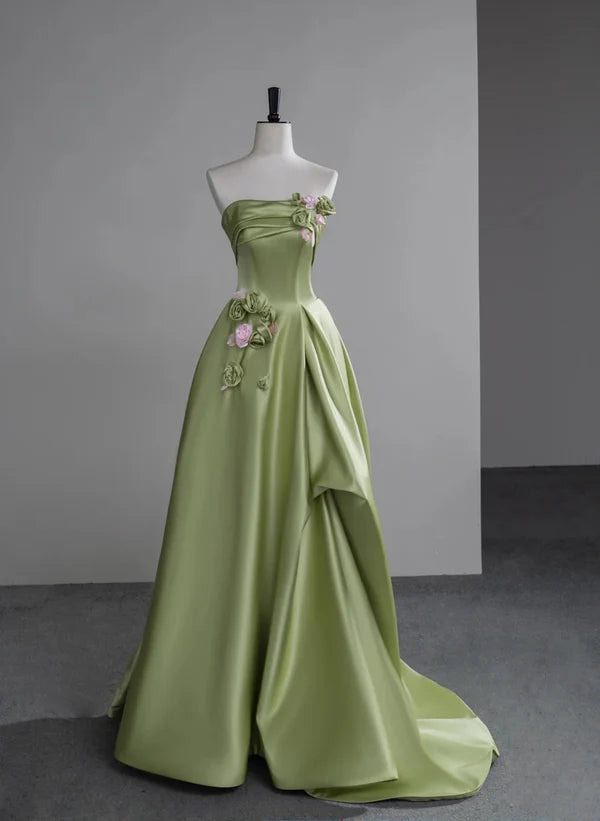 Crazy Deals Green A-line Ballgown Satin with Flowers Long Evening Dress Satin Prom Dress