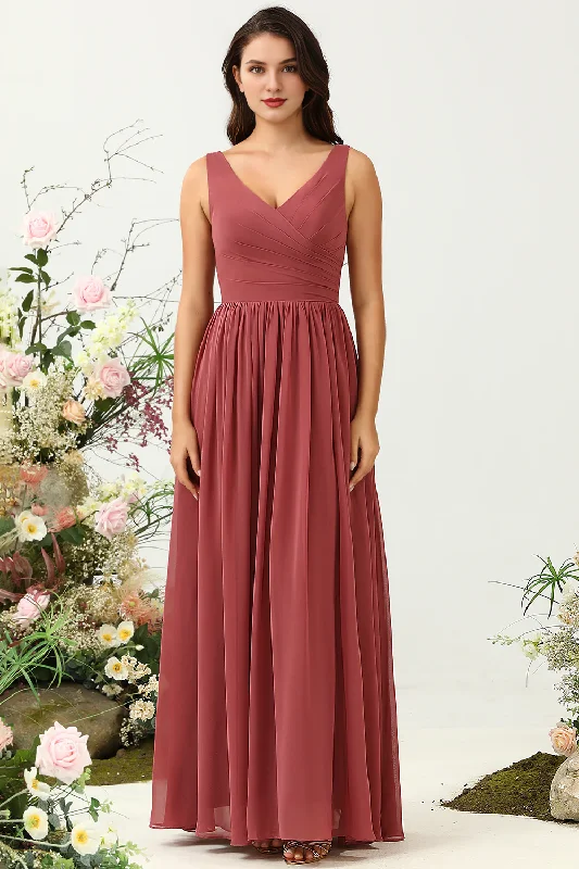 Overstock Desert Rose A-line V-neck long chiffon ruffled bridesmaid dress