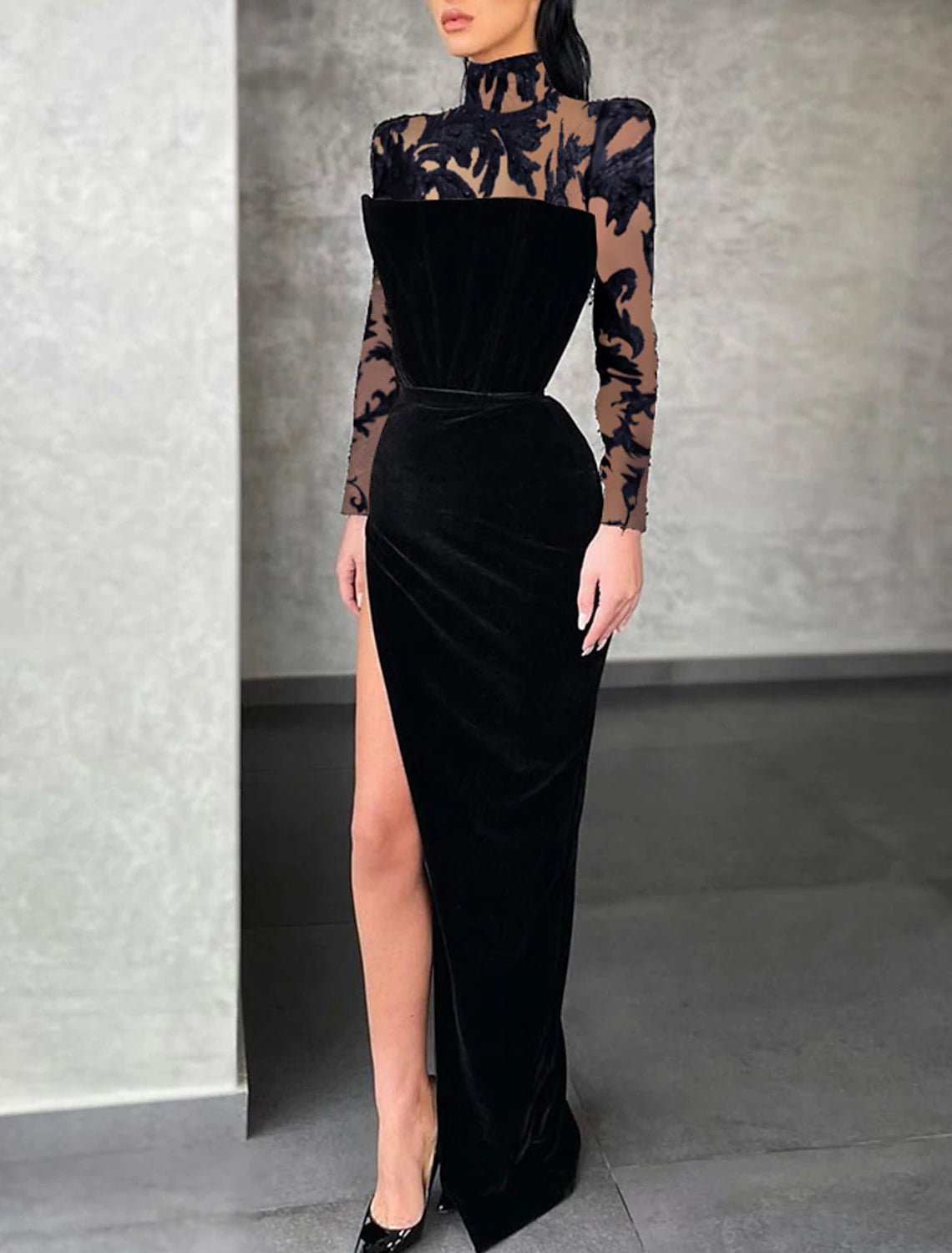 Take Advantage Sheath / Column Evening Gown Long Sleeve High Neck Lace with Slit
