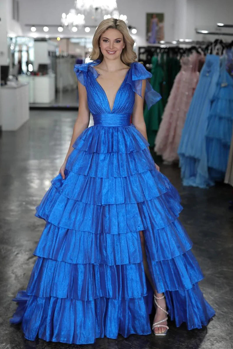 Steals and Deals A-Line V Neck Blue Ruffle Tiered Long Prom Dresses