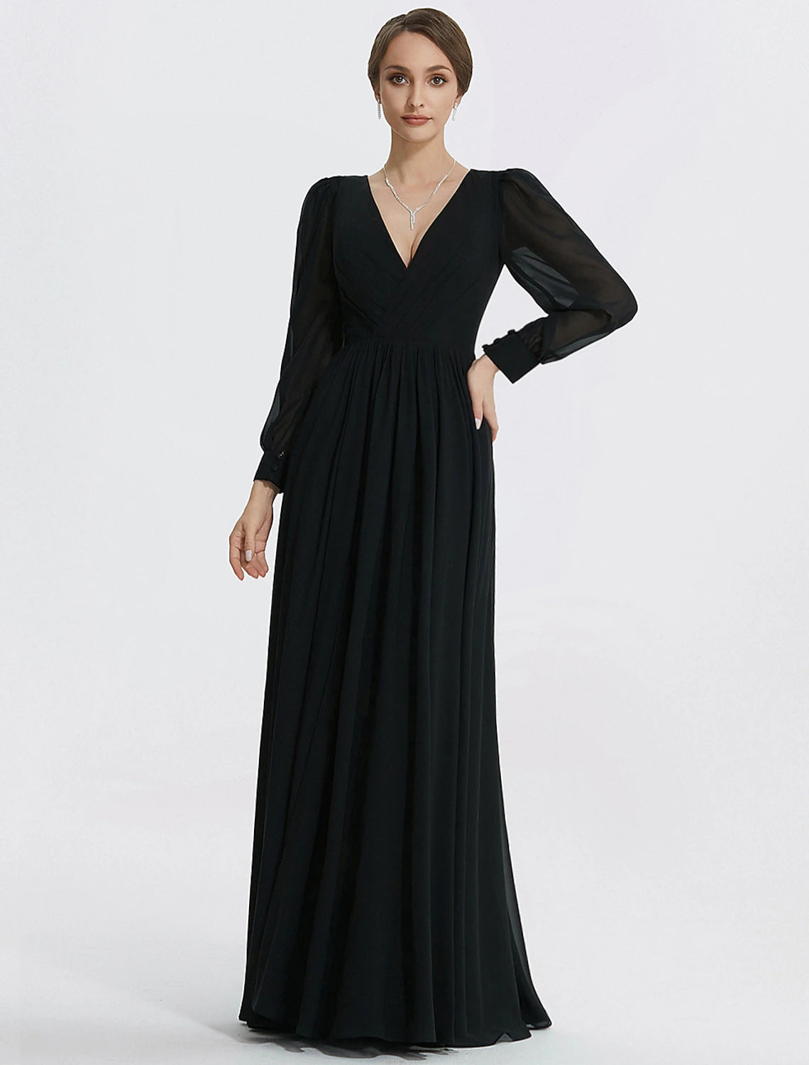 Savings Alert A-Line Evening Gown Elegant Dress Formal Floor Length Long Sleeve V Neck Chiffon with Slit