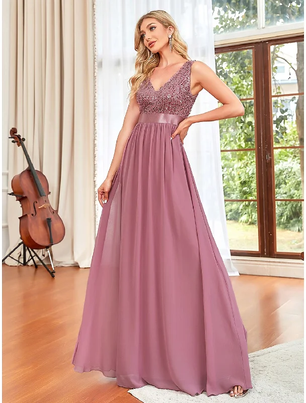 Epic Deals A-Line Prom Dresses Sparkle & Shine Dress Wedding Guest Prom Floor Length Sleeveless V Neck Chiffon V Back with Draping Pure Color