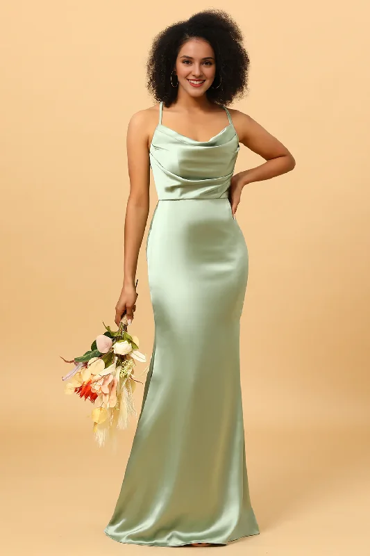 Friends and Family Sale Sage fishtail neckline long satin bridesmaid dress