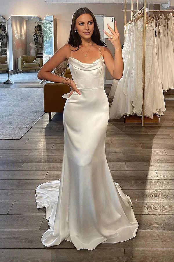 Mega Sale Thin shoulder strap satin pleated minimalist fishtail wedding dress