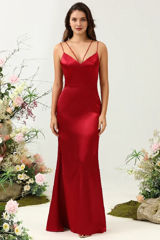 Savings Bonanza Tail tail thin shoulder strap backless wine red satin long bridesmaid dress Savings Bonanza Tail tail thin shoulder strap backless wine red satin long bridesmaid dress