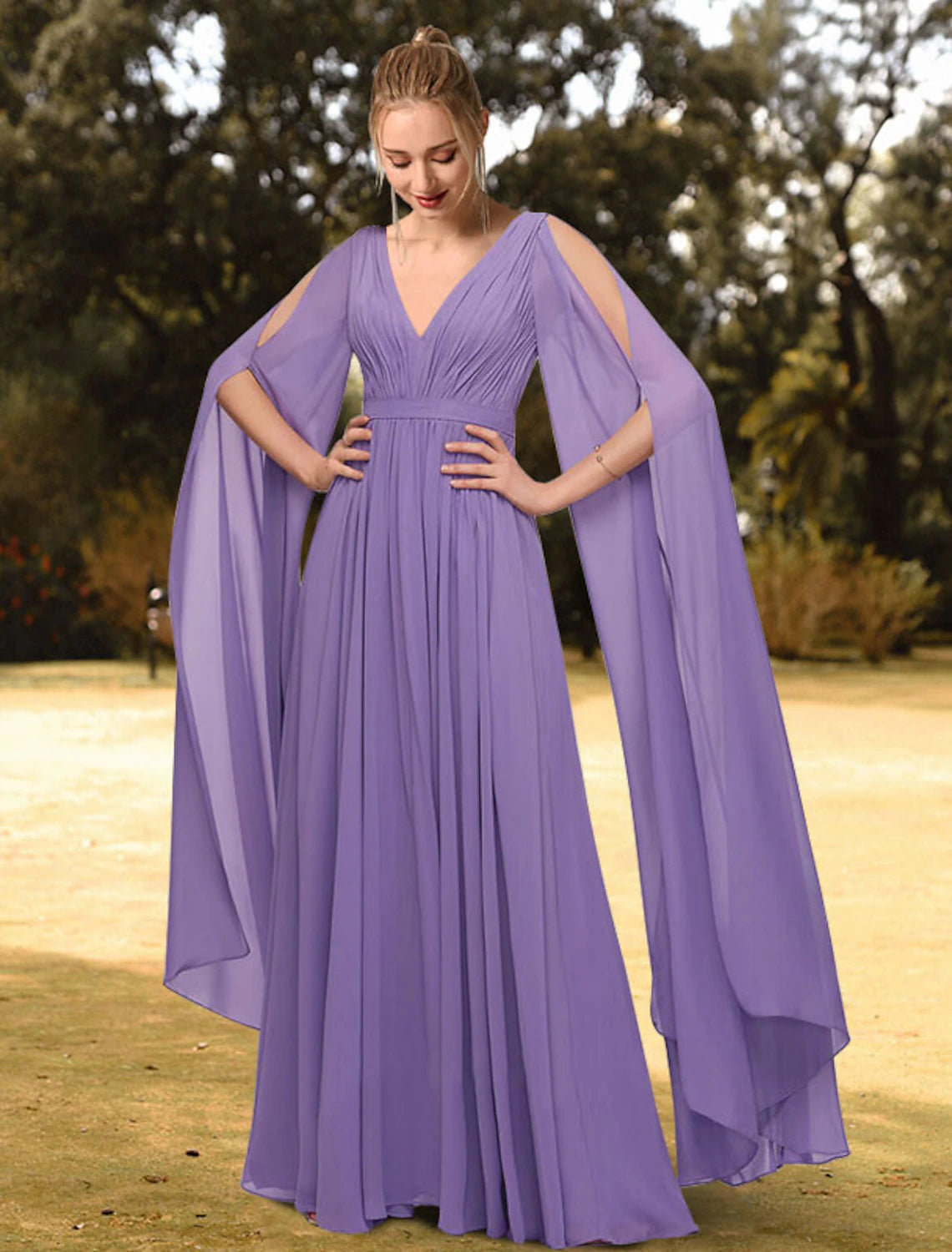 Midnight Sale A-Line Evening Gown Empire Dress Wedding Guest Formal Evening Floor Length Long Sleeve V Neck Chiffon with Pleats Pure Color Midnight Sale A-Line Evening Gown Empire Dress Wedding Guest Formal Evening Floor Length Long Sleeve V Neck Chiffon with Pleats Pure Color
