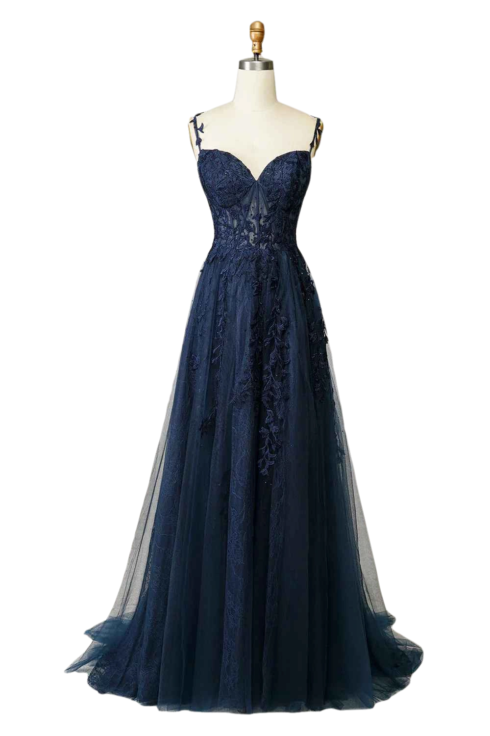 While Supplies Last A Line Thin Shoulder Strap Open Back Navy Blue Applique Prom Dress