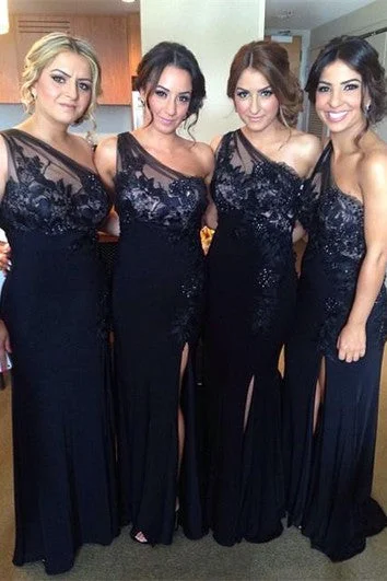Special Savings Modern One Shoulder Lace Jersey Bridesmaid Dress Front Split