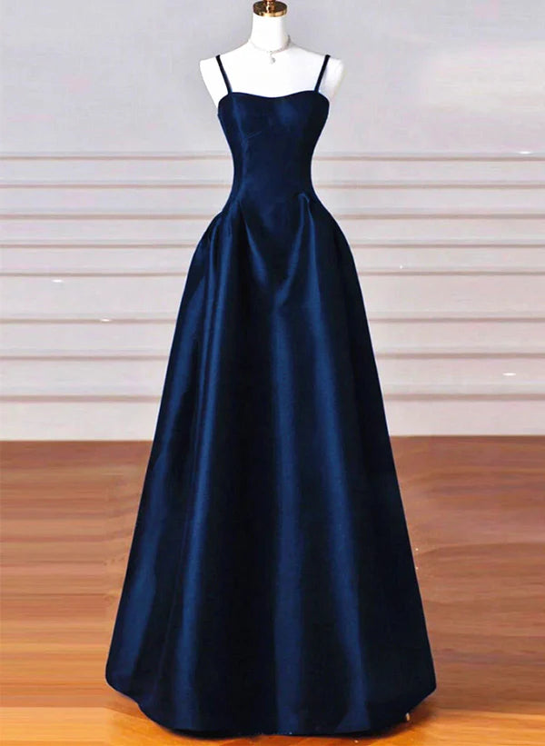 Special Price A-Line Simple Navy Blue Satin Straps Long Prom Dress Party Dress