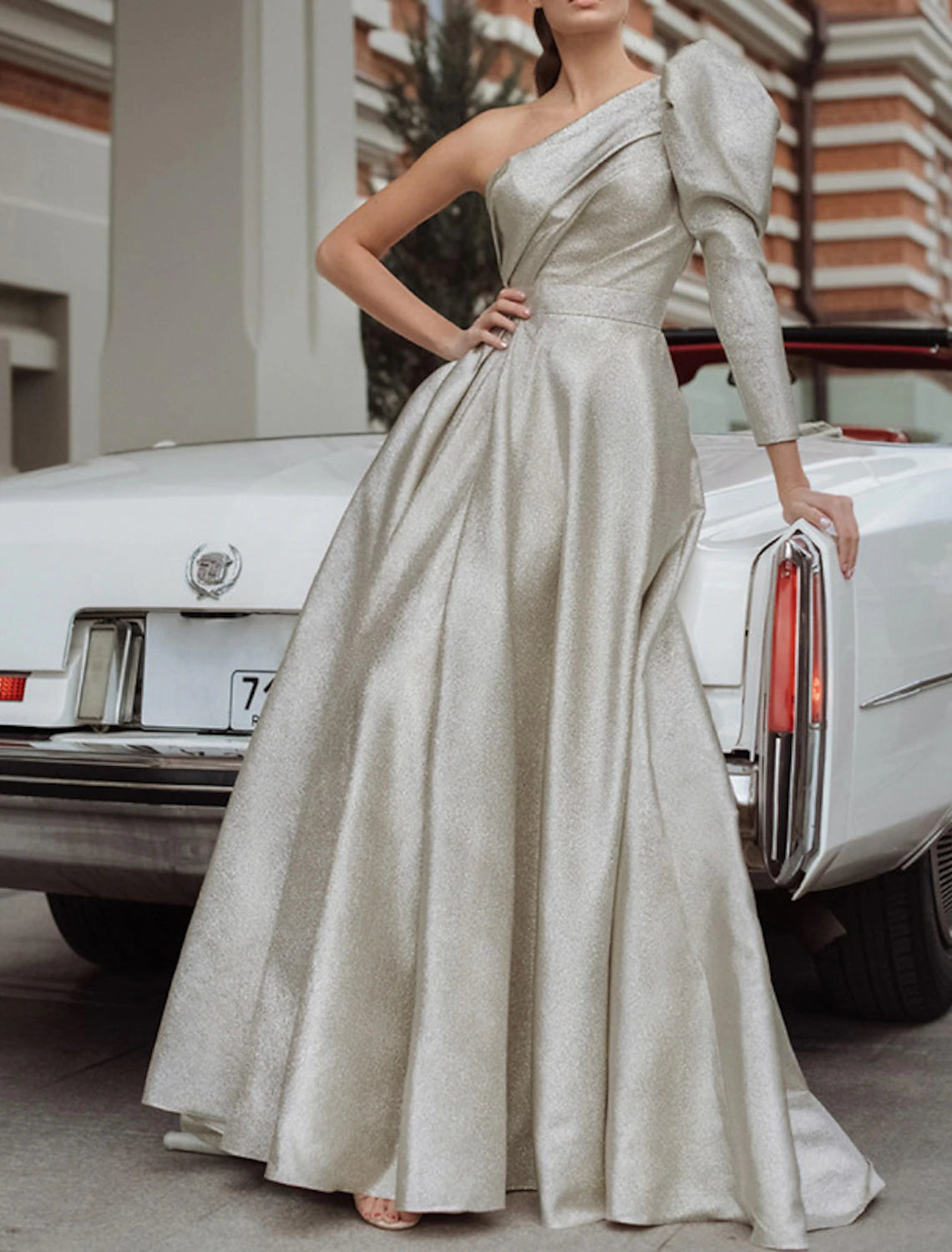Super Deal A-Line Evening Gown Elegant Dress Formal Wedding Guest Floor Length Long Sleeve One Shoulder Sequined with Pleats Super Deal A-Line Evening Gown Elegant Dress Formal Wedding Guest Floor Length Long Sleeve One Shoulder Sequined with Pleats