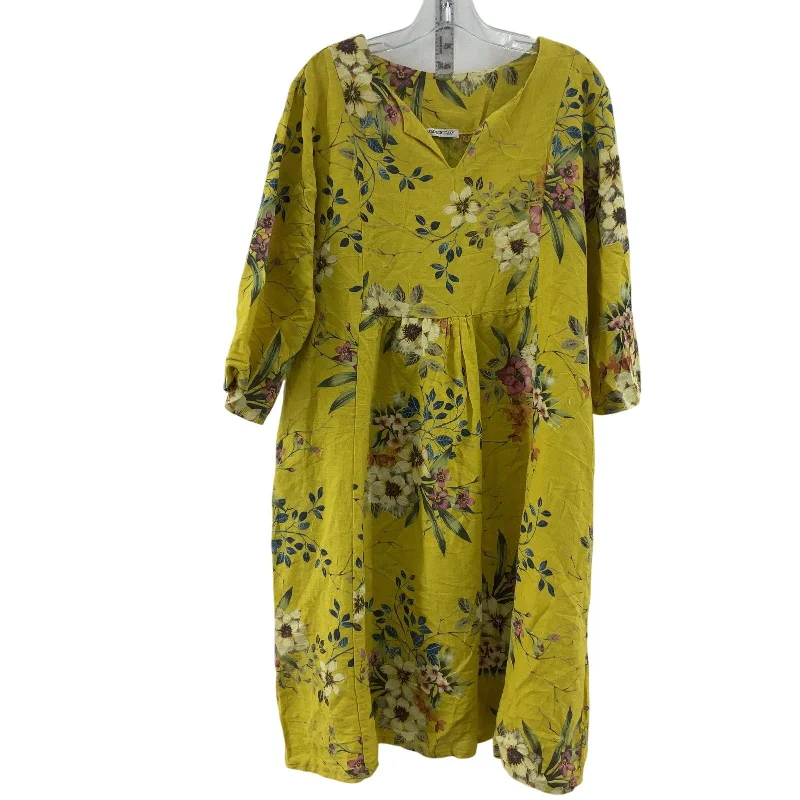 Huge Discounts Yellow Floral Balloon Sleeve V Neck Linen Shirt Dress, One Size Preowned Women's Huge Discounts Yellow Floral Balloon Sleeve V Neck Linen Shirt Dress, One Size Preowned Women's