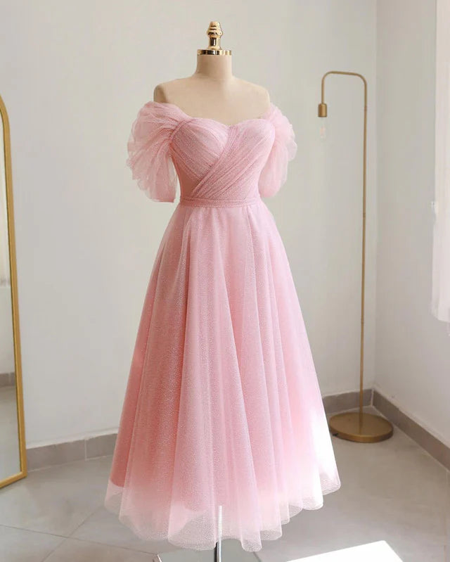 Super Deal Pink Glitter Tulle Midi Dress Off Shoulder A-Line Princess Prom Dresses