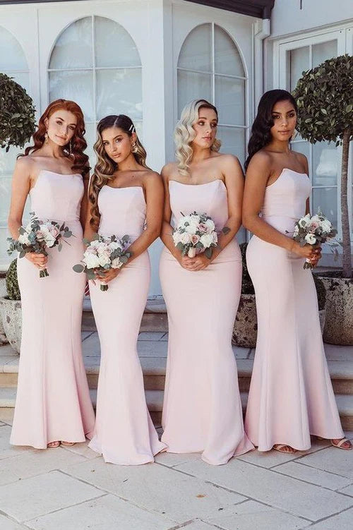 Fantastic Deals Simple Strapless Satin Cheap Long Bridesmaid Dresses