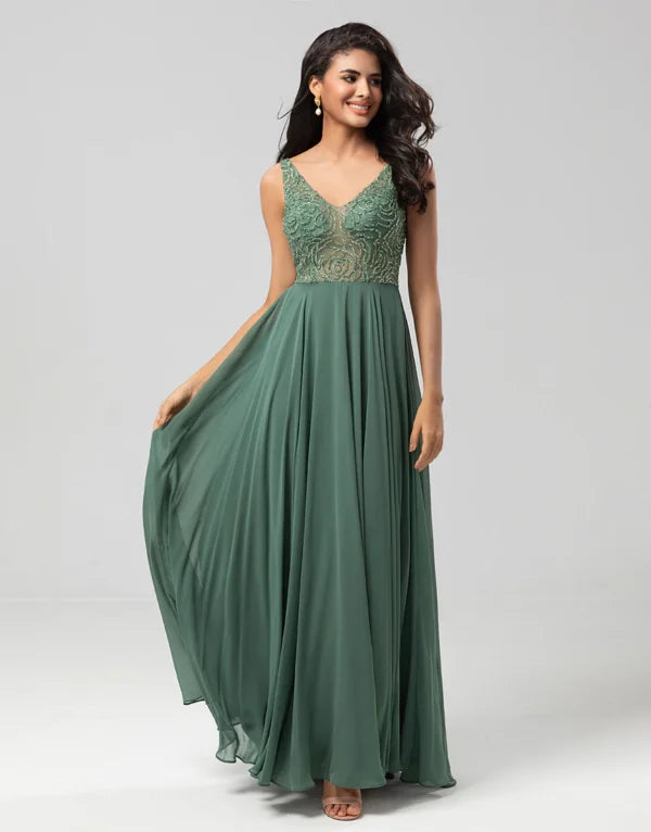 Super Deal A Line V Neck Eucalyptus Long with Beading Bridesmaid Dress