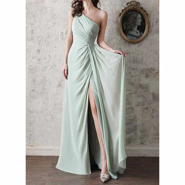 Deal Dash One Shoulder Bridesmaid Dress Long Ruched A Line Formal Dress with Slit