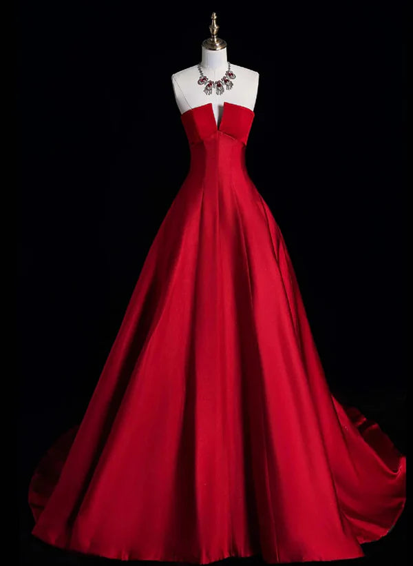 Price Cut A-Line Ballgown Red Simple Satin Long Party Dress Evening Dress Formal Dress