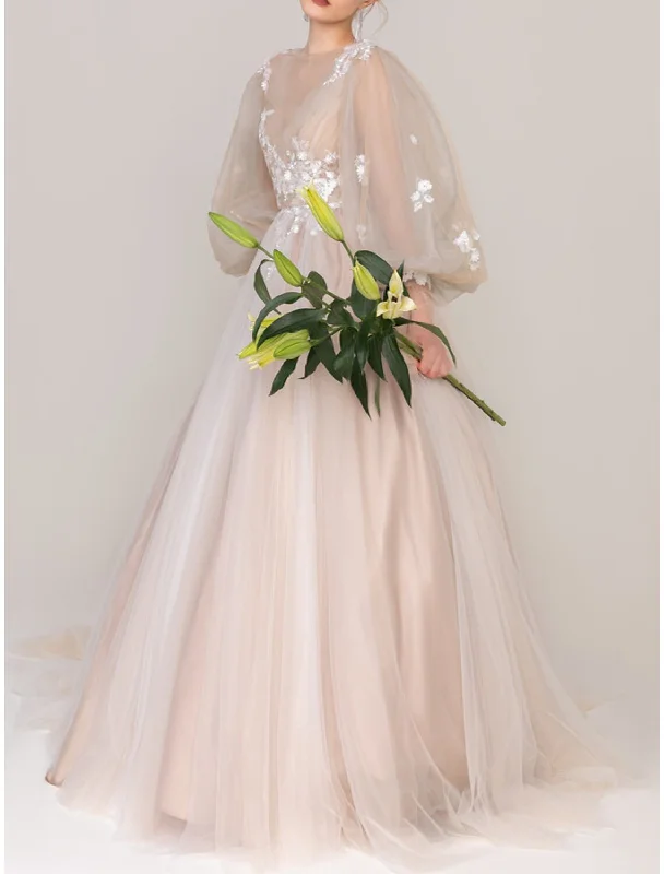 Time-Limited Offer A-Line Floral Princess Prom Dress Jewel Neck Long Sleeve Court Train Tulle with Pleats Appliques Time-Limited Offer A-Line Floral Princess Prom Dress Jewel Neck Long Sleeve Court Train Tulle with Pleats Appliques