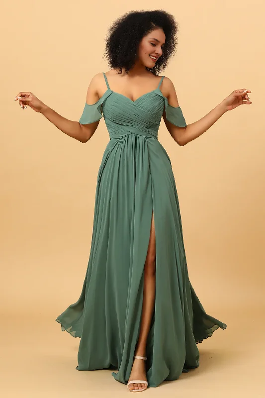 Weekend Special Eucalyptus A-line slim shoulder strap long slit chiffon bridesmaid dress