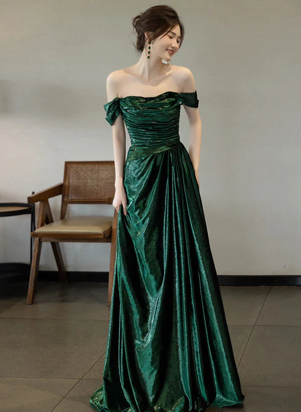 Super Sale Glitter Pretty Green Off Shoulder Simple Ruched Evening Dress Long Prom Dress