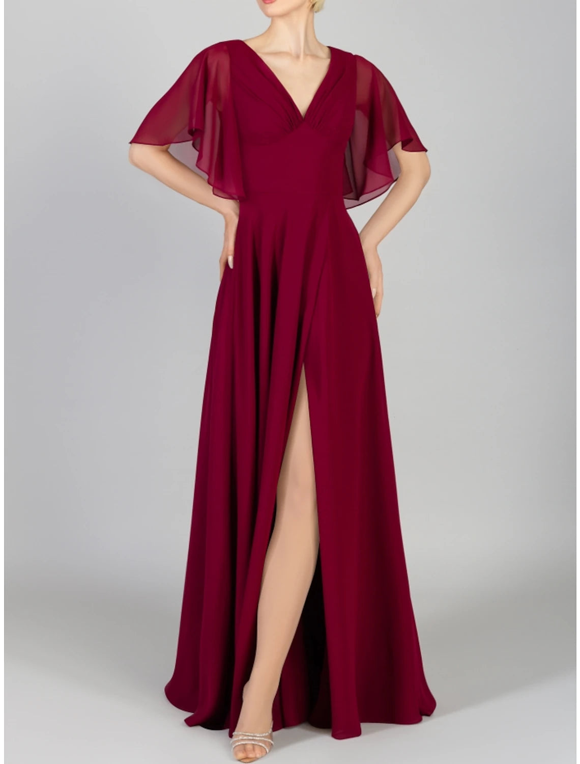 Price Blitz A-Line Bridesmaid Dress V Neck Short Sleeve Elegant Floor Length Chiffon with Split Front / Ruching Price Blitz A-Line Bridesmaid Dress V Neck Short Sleeve Elegant Floor Length Chiffon with Split Front / Ruching