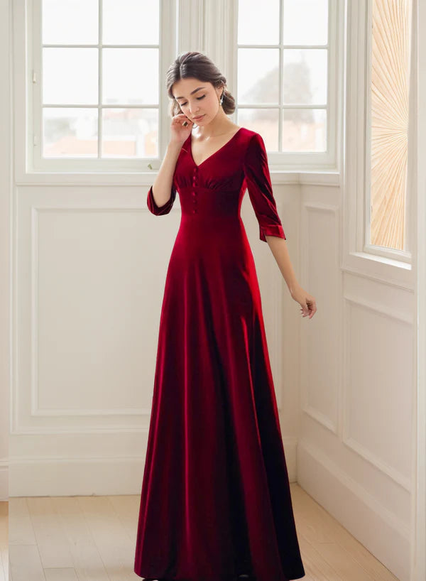 Super Sale Elegant Long V-neck heart-shape bow-tied back A-line Velvet Dress