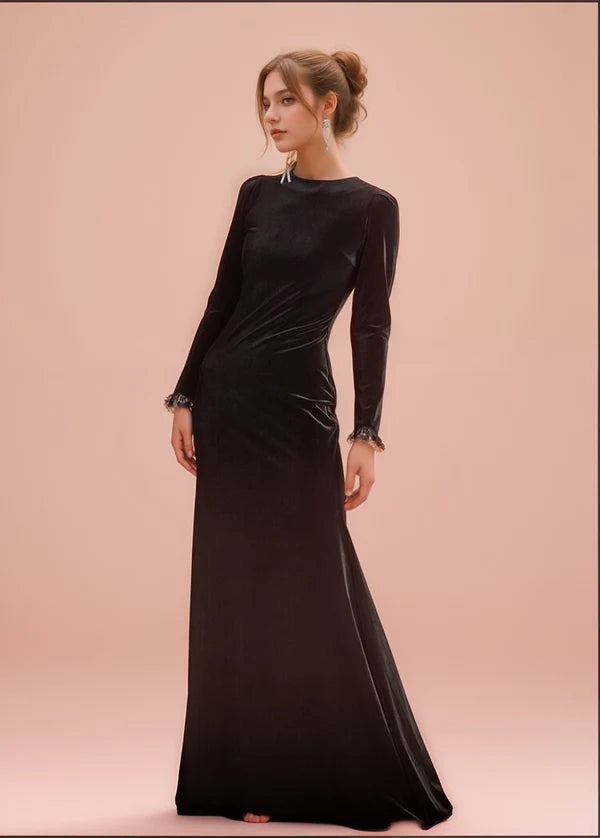 Major Savings Hepburn Style Long Sleeves Jewel neckline A-line Velvet Prom Dress