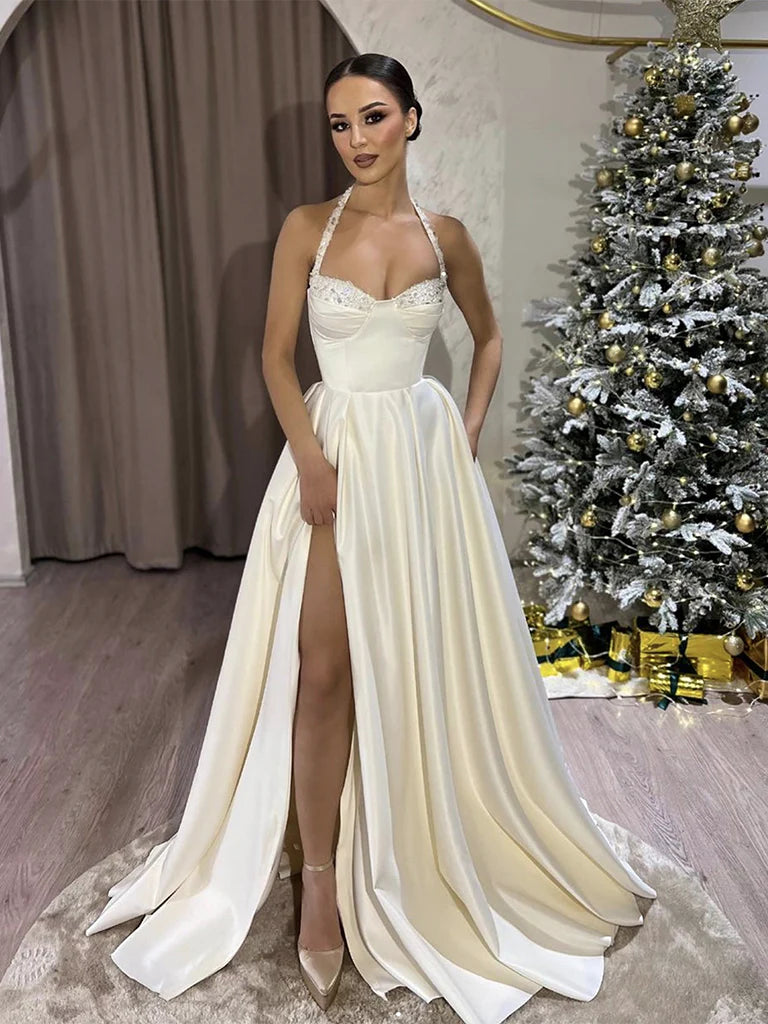 Instant Discount A-Line Sweetheart Neck Satin Beads Beige Long Prom Dress Evening Dress With Slit Instant Discount A-Line Sweetheart Neck Satin Beads Beige Long Prom Dress Evening Dress With Slit